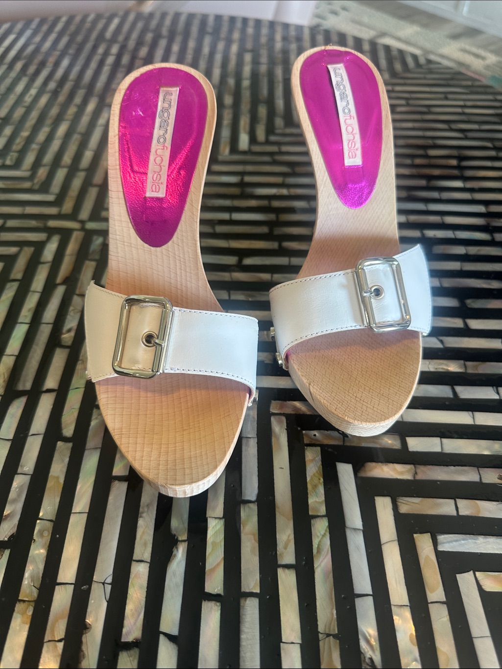 Ungaro Fuchsia Galax Heels - White Wood Bottom Mule